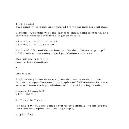 1. (2 points)Two random samples are selected from two indepe.docx