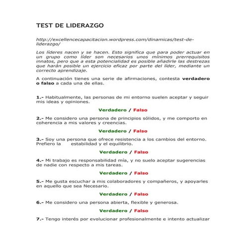 Test de valoración de competencias de liderazgo | DOC