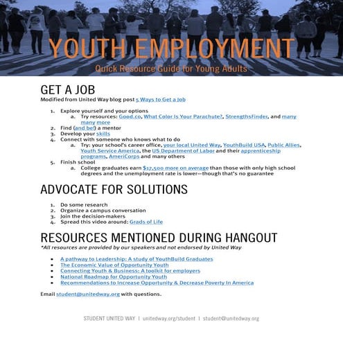 Youth Employment Resources: 1-pager