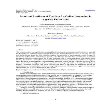 1.perceived readiness of teachers for online instruction