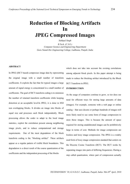 Reduction of Blocking Artifacts In JPEG Compressed Image