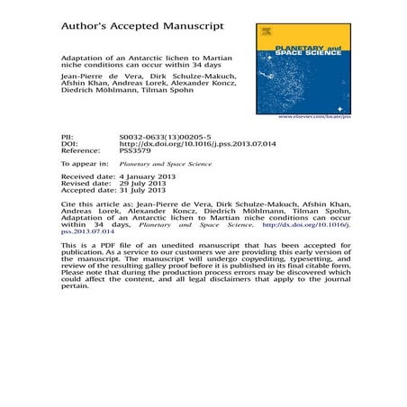 Adaptation of an Antarctic lichen to Martian niche conditions can occur withi...