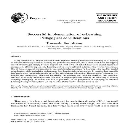 Successful implementation of e-Learning Pedagogical considerations.Thavamalar...