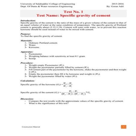 1 specific gravity of cement