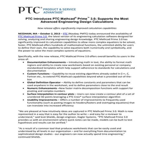 PTC Introduces PTC Mathcad® Prime™ 3.0; Supports the Most Advanced Engineerin...
