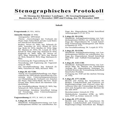 10. LTG-Sitzung am 17. Dezember 2009
