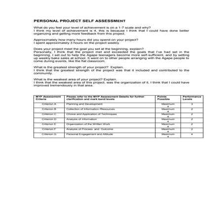Personal Project Stage 6 Self Assessment