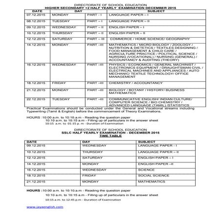 TN 10-12 std half yearly exam time table dec 2015 | PDF