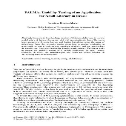 PALMA: Usability Testing of an Application  for Adult Literacy in Brazil by F...