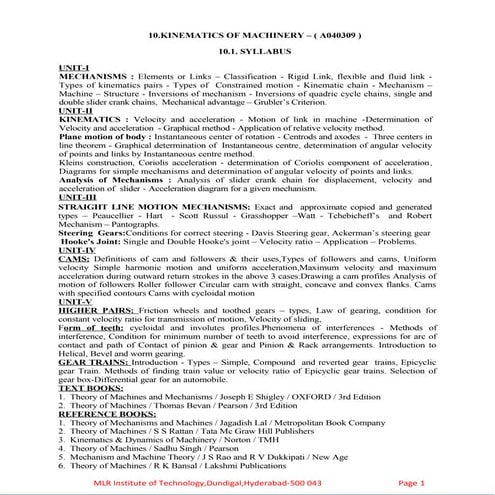 kinemtics of machinery objectives assignments tutorial problems