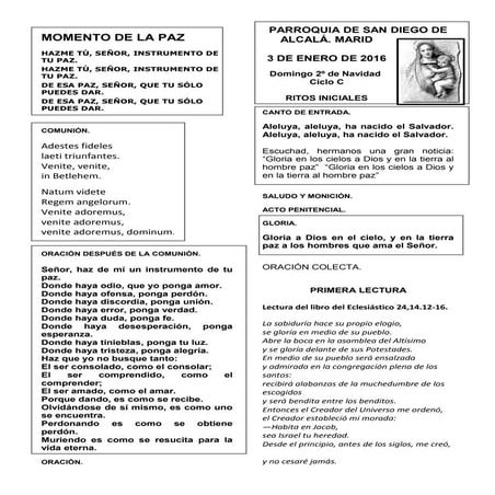 GUIÓN CON CANCION ES DE LA EUCARISTÍA DEL DOMINGO 2º DE NAVIDAD. DIA 3 DE ENE...