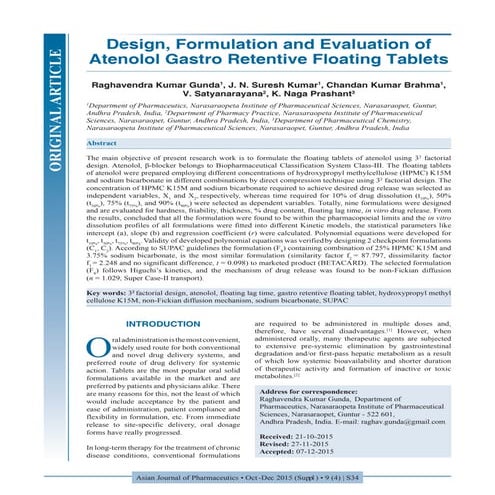Design, Formulation and Evaluation of Atenolol Gastro Retentive ...