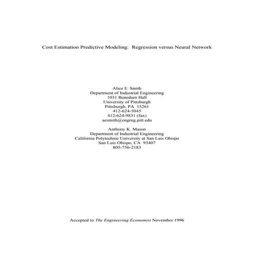 Cost Estimation Predictive Modeling: Regression versus Neural Network