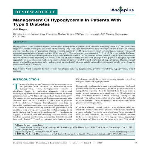 Management Of Hypoglycemia In Patients With Type 2 Diabetes