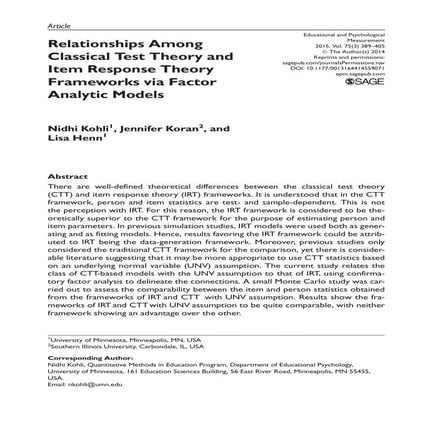 Relationships Among Classical Test Theory and Item Response Theory Frameworks...