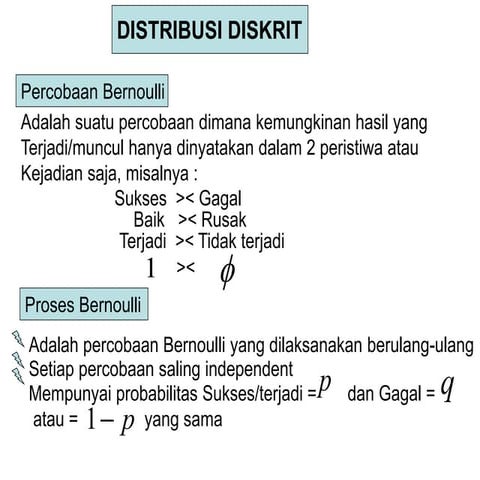 Disribusi Diskrit: Dist. Bernoulli, Binomial; Fungsi Massa Peluang | PPT