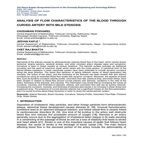 A Mathematical Analysis of Blood Flow through Artery with Mild Stenosis ...