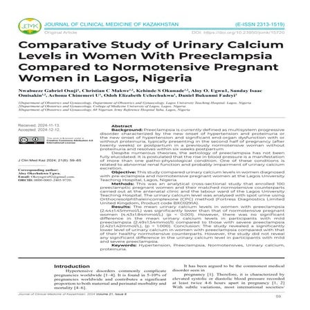 Comparative Study of Urinary Calcium Levels in Women With Preeclampsia Compared to Normotensive Pregnant Women in Lagos, Nigeria