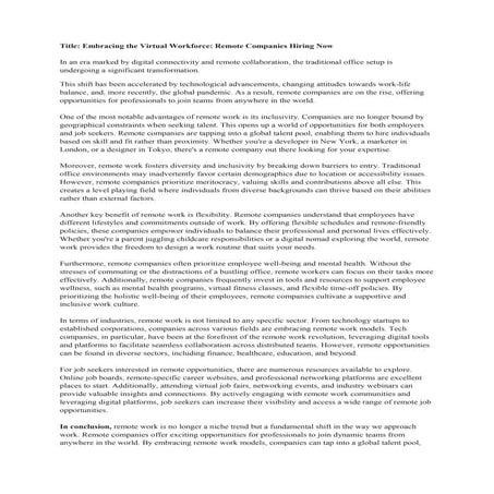 Embracing the Virtual Workforce: Remote Companies Hiring Now