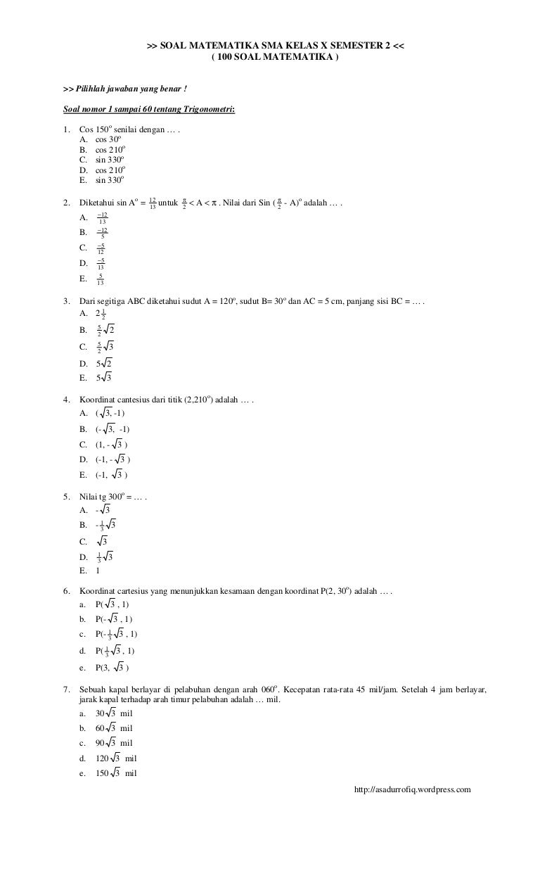 100 Soal Mаtеmatіka Smа Kеlаѕ X Sеmеѕter 2