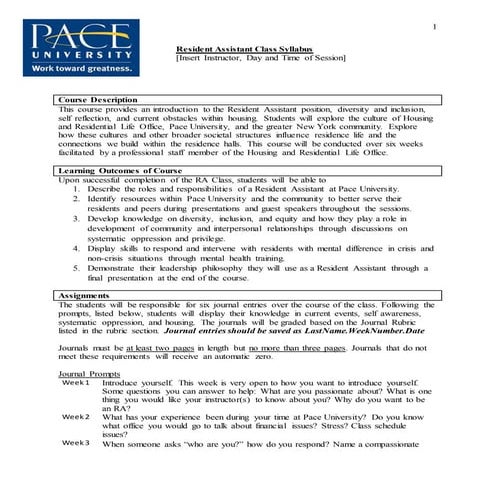 Resident Assistant Class Syllabus