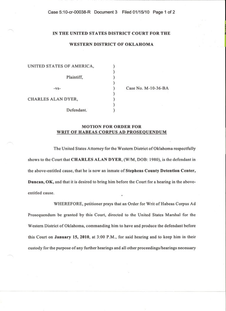 100115 motion for order for writ of habeas corpus ad prosequendum