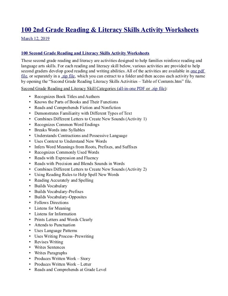 100 2nd grade reading and literacy skills activity worksheets
