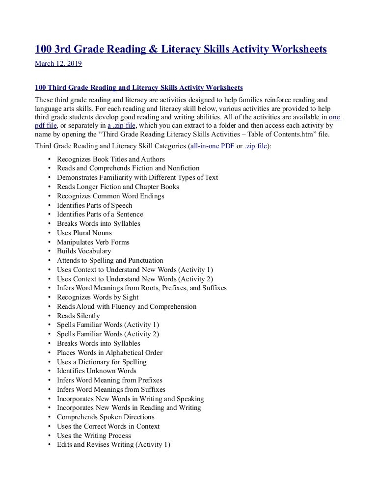 100 3rd grade reading and literacy skills activity worksheets