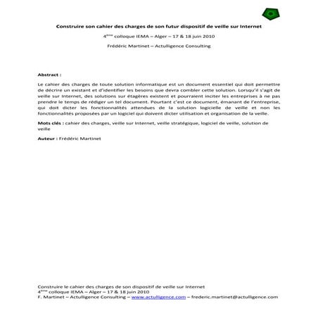 Article : Constuire le cahier des charges de son dispositif de veille - IEMA 4 - Alger - Juin 2010 by Actulligence
