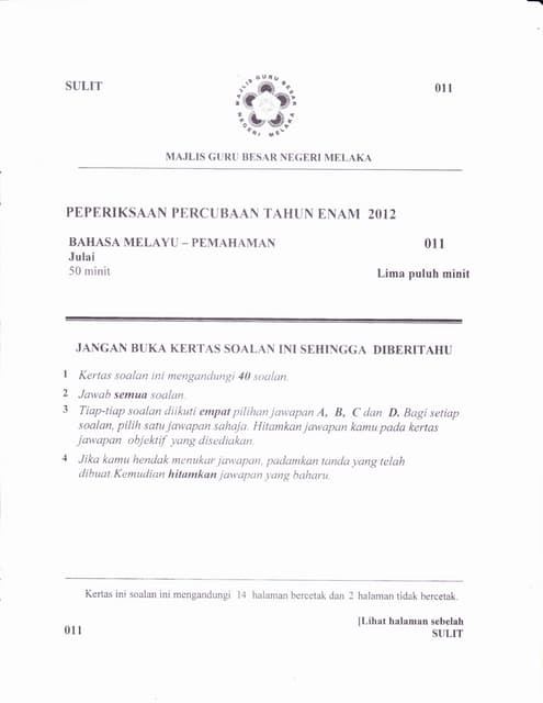 Soalan Percubaan UPSR 2012 Negeri Melaka Soalan Bahasa 