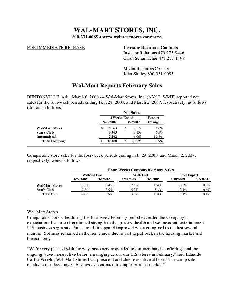 Wal Mart Store Financial ResultsFebruary 03/07/08