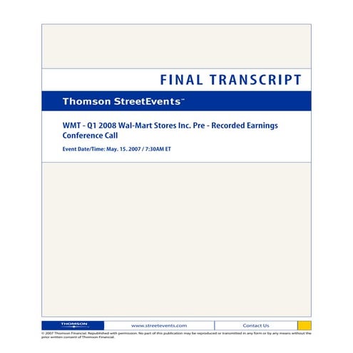 wal mart store Quarterly Earnings Releases2008