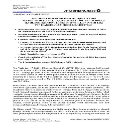 JPMorgan Chase Second Quarter 2008 Financial Results Conference Call