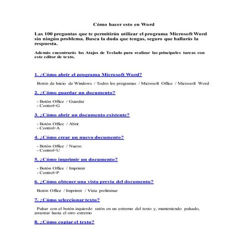 La 100 preguntas sobre word