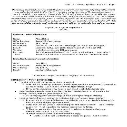 English 101 Syllabus Fall 2012