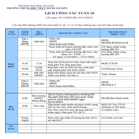LỊCH CÔNG TÁC TUẦN 10 (Từ ngày 10/11/2025 đến 16/11/2025)