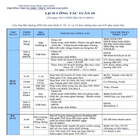 LỊCH CÔNG TÁC TUẦN 10 (Từ ngày 10/11/2025 đến 16/11/2025)