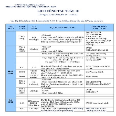 LỊCH CÔNG TÁC TUẦN 10 (Từ ngày 10/11/2025 đến 16/11/2025)