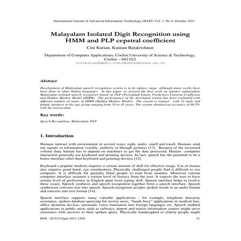 Malayalam Isolated Digit Recognition using HMM and PLP cepstral coefficient
