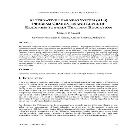 ALTERNATIVE LEARNING SYSTEM (ALS) PROGRAM GRADUATES AND LEVEL OF READINESS TO...