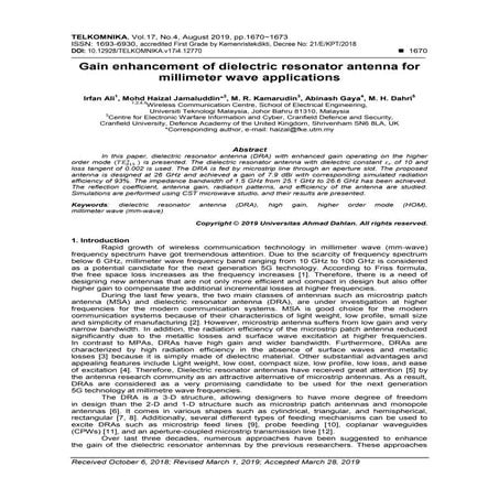 Gain enhancement of dielectric resonator antenna for millimeter wave applicat...