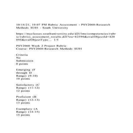 101421, 1007 PM Rubric Assessment - PSY2060-Research Method