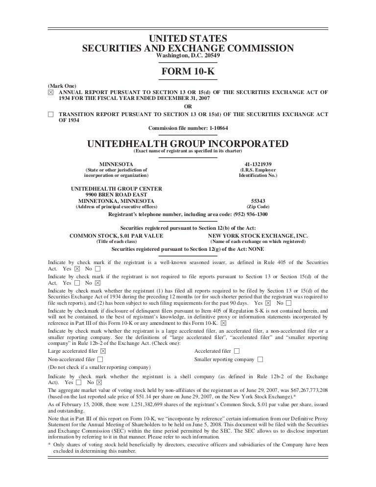 United Health Group Pdf Document Annual Report On Form 10 K For Per