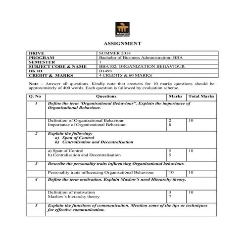 Bba102 –organization behaviour | DOCX