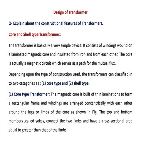 General concepts, construction and design of transformer