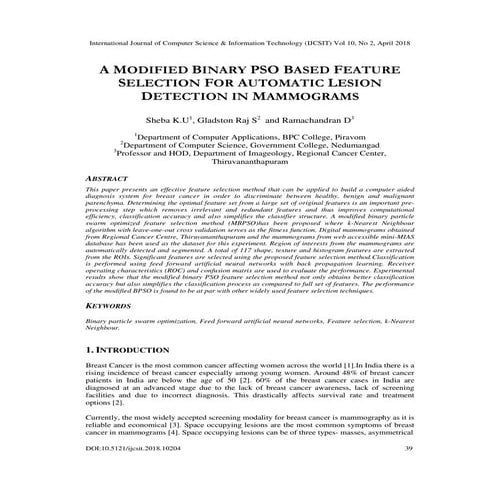 A MODIFIED BINARY PSO BASED FEATURE SELECTION FOR AUTOMATIC LESION DETECTION ...