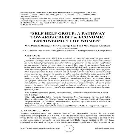 SELF HELP GROUP: A  PATHWAY  TOWARDS CREDIT & ECO NOMIC  EMPOWERMENT OF WOMEN