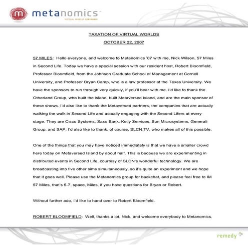 102207 Taxation Of Virtual Worlds Metanomics Transcript