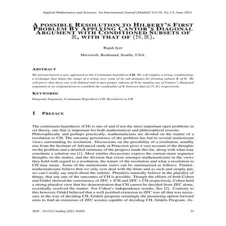 A POSSIBLE RESOLUTION TO HILBERT’S FIRST PROBLEM BY APPLYING CANTOR’S DIAGONA...