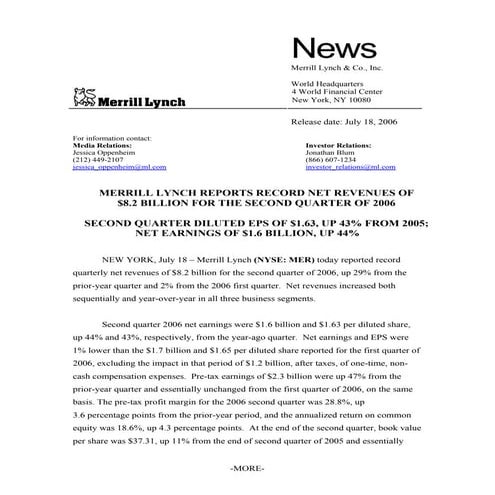 Merrill lynchHistorical Earnings Announcements 2006 2nd